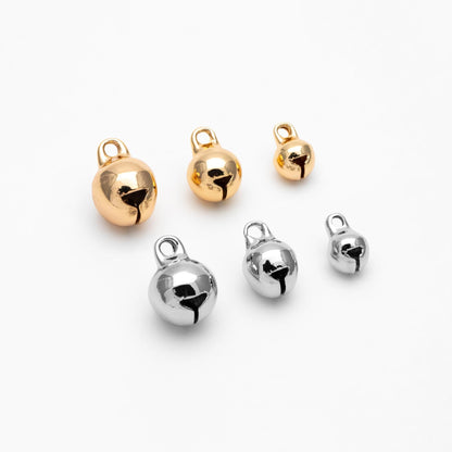 10pcs Gold/ Silver Tone Jingle Bell Charms, 6/ 8/ 10mm, Real Gold/ Rhodium plated Brass, Round Cat Bell Charms Can Ring (GB-192)