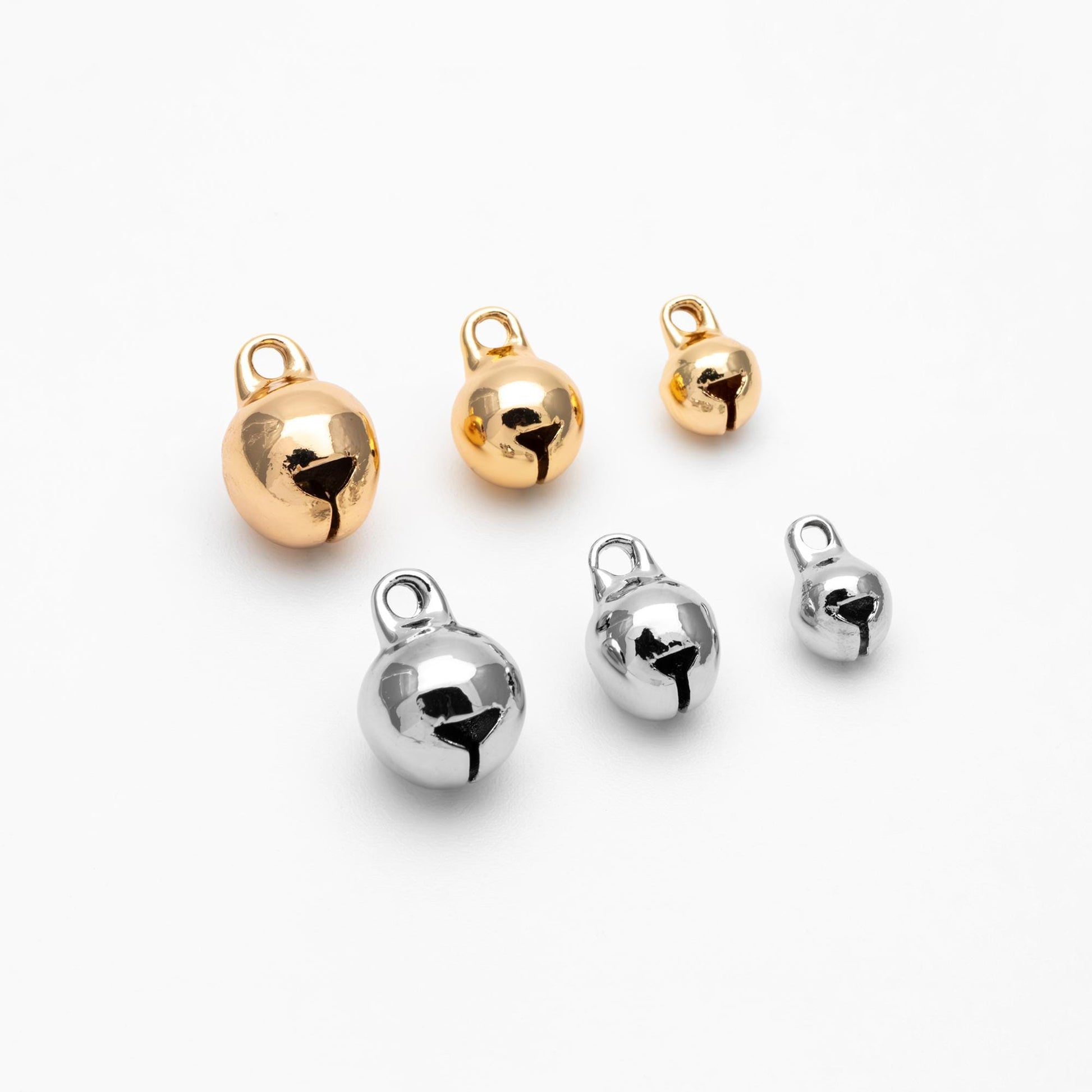 10pcs Gold/ Silver Tone Jingle Bell Charms, 6/ 8/ 10mm, Real Gold/ Rhodium plated Brass, Round Cat Bell Charms Can Ring (GB-192)