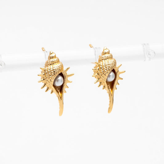 4pcs Faux Pearl Pave Gold/ Silver Tone Shell Earrings, Gold/ Rhodium plated Brass Seashell Stud Earrings (GB-4652)