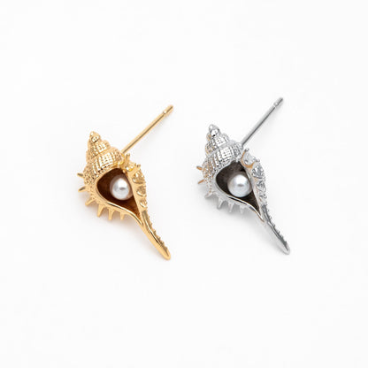 4pcs Faux Pearl Pave Gold/ Silver Tone Shell Earrings, Gold/ Rhodium plated Brass Seashell Stud Earrings (GB-4652)