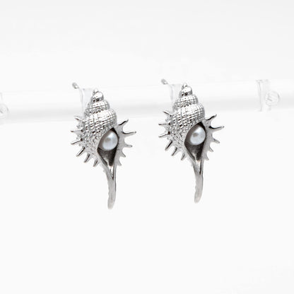 4pcs Faux Pearl Pave Gold/ Silver Tone Shell Earrings, Gold/ Rhodium plated Brass Seashell Stud Earrings (GB-4652)