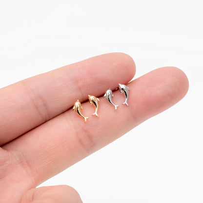 10pcs Gold/ Silver Tone Dolphin Earrings, 18K Real Gold/ Rhodium plated Brass, Cute Ocean Stud Earrings (GB-4650)