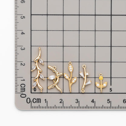 10pcs CZ pave Gold Leaf Charm Connectors , 18K Gold plated Brass Branch Pendants (GB-3145)