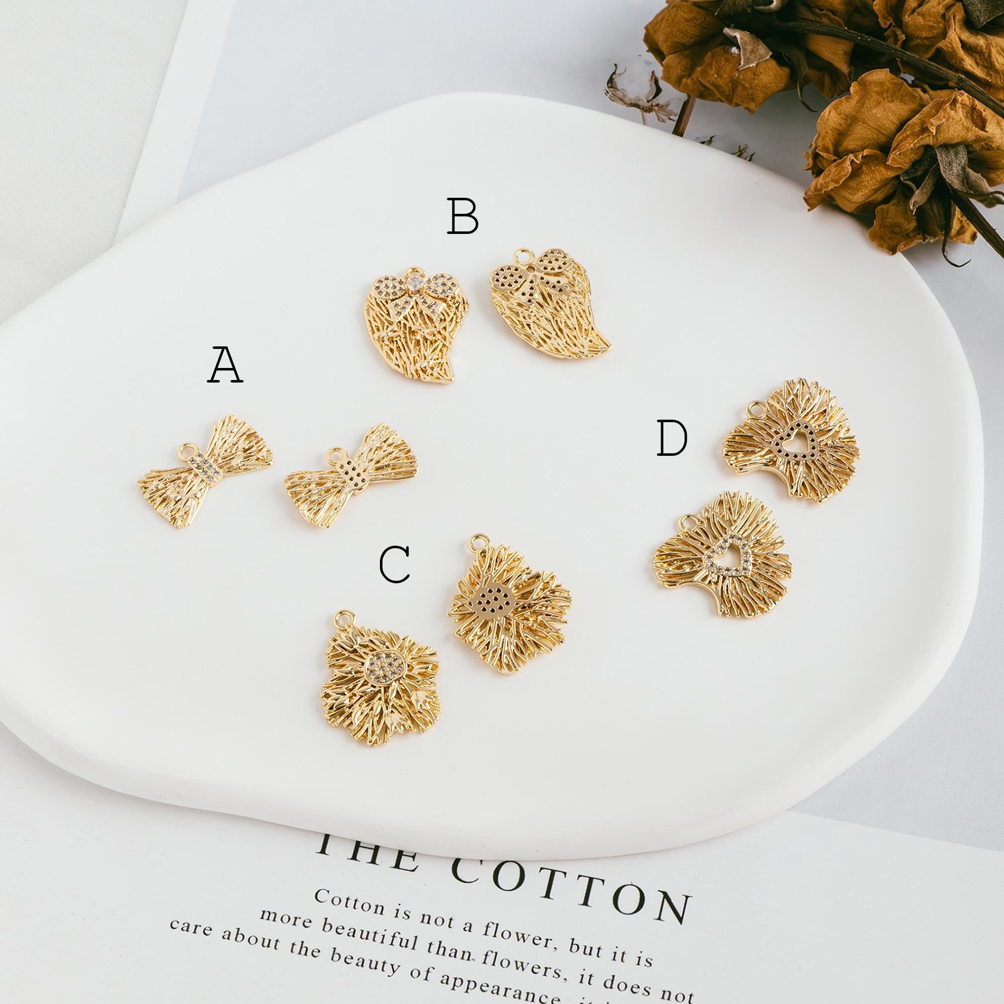 4pcs CZ Pave Gold Filigree Charms, Gold plated Brass, Earring Necklace Pendants (GB-1117)