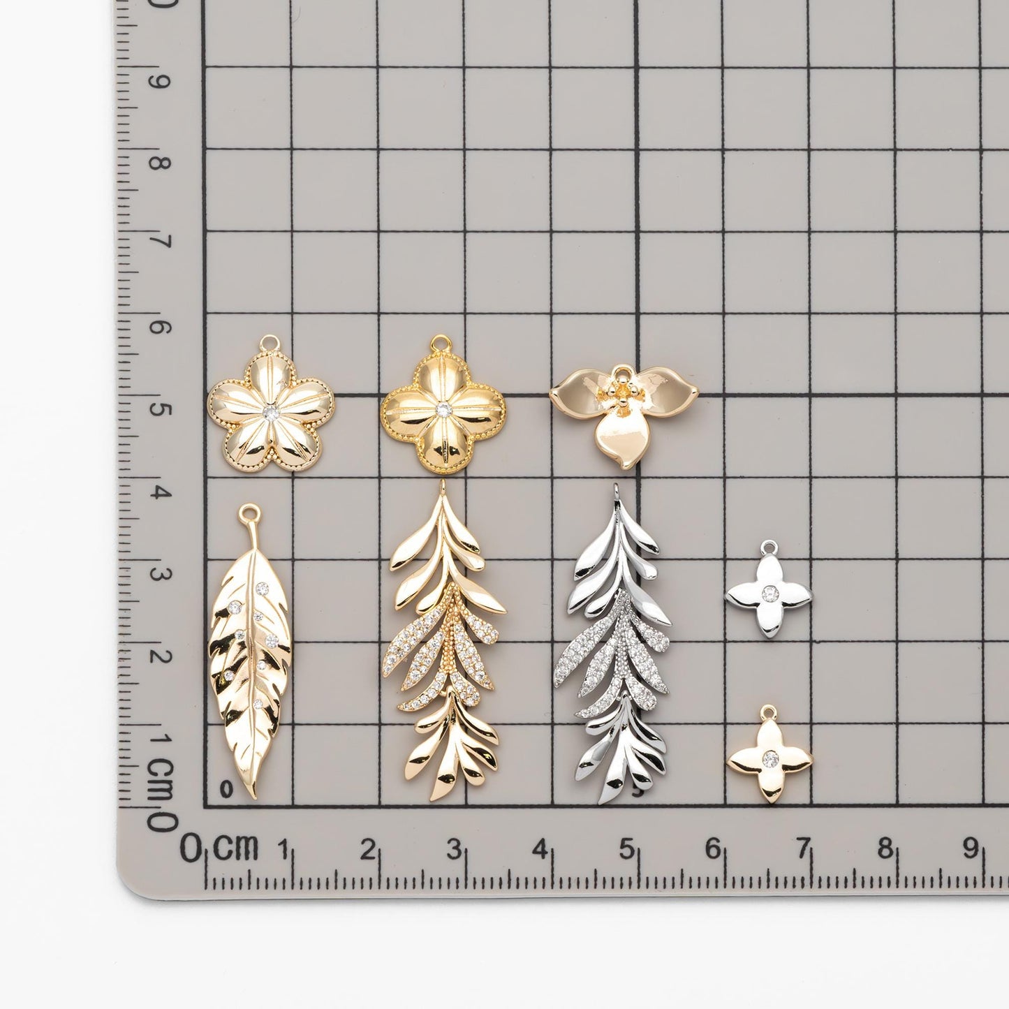 4pcs Gold/ Silver Tone CZ Pave Flower Leaf Charms , Real Gold/ Rhodium plated Brass, Dainty Earring Pendants (GB-978)