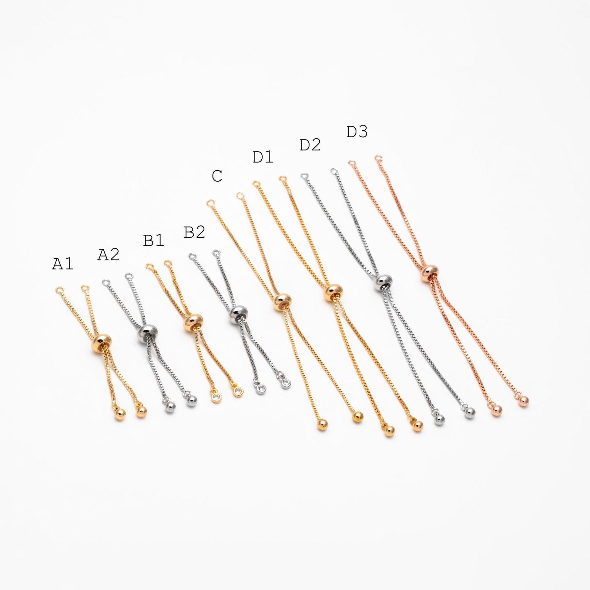 10pcs Gold/ Silver/ Rose gold Sliding Adjustable Bracelet Making Chain, Half-finished Bracelet with Rubber Stopper Beads (GB-269)