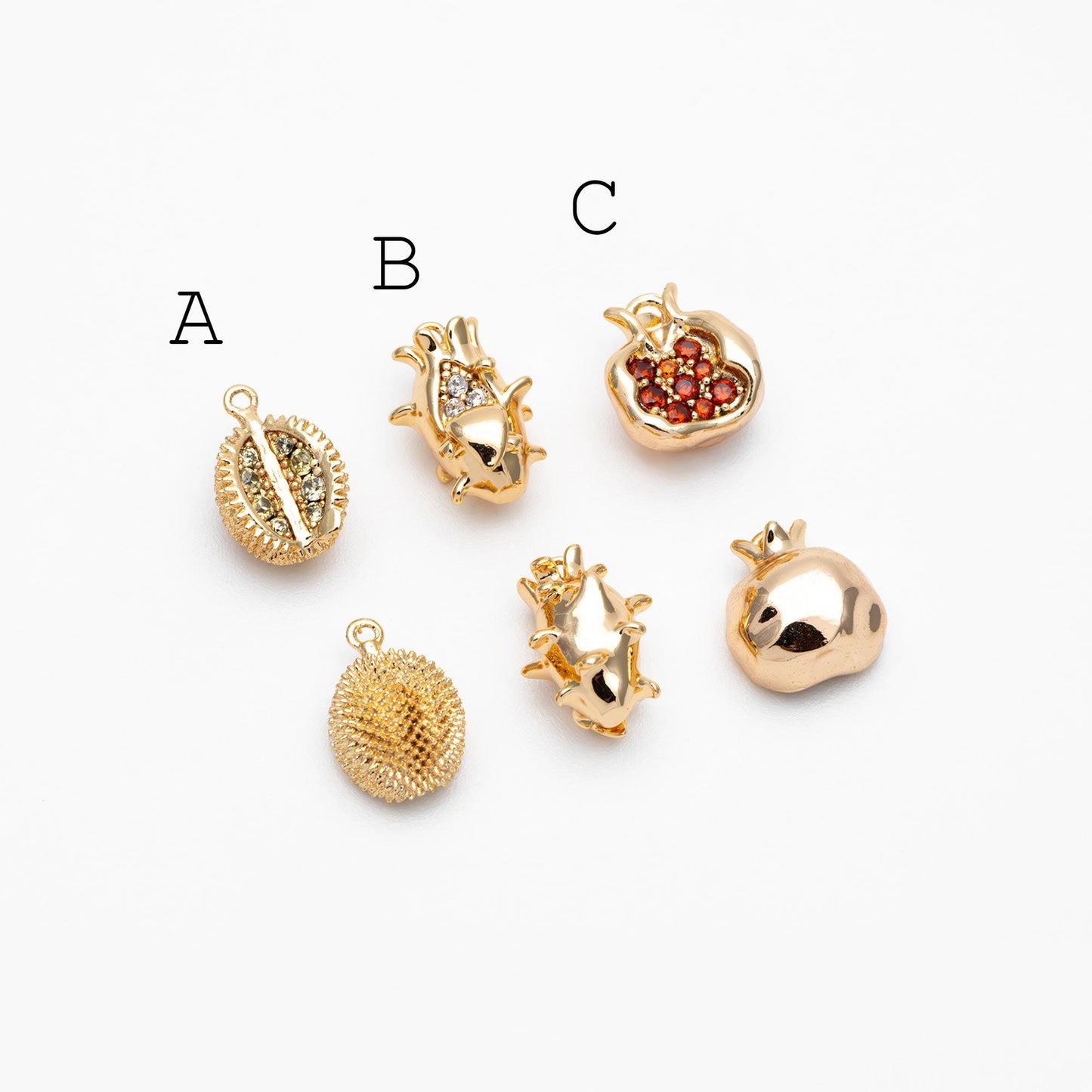4pcs CZ pave Gold Durian/ Dragon Fruit/ Pomegranate Charms, Gold plated Brass, Dainty Fruit Charms (GB-4355)