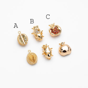 4pcs CZ pave Gold Durian/ Dragon Fruit/ Pomegranate Charms, Gold plated Brass, Dainty Fruit Charms (GB-4355)