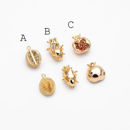 4pcs CZ pave Gold Durian/ Dragon Fruit/ Pomegranate Charms, Gold plated Brass, Dainty Fruit Charms (GB-4355)