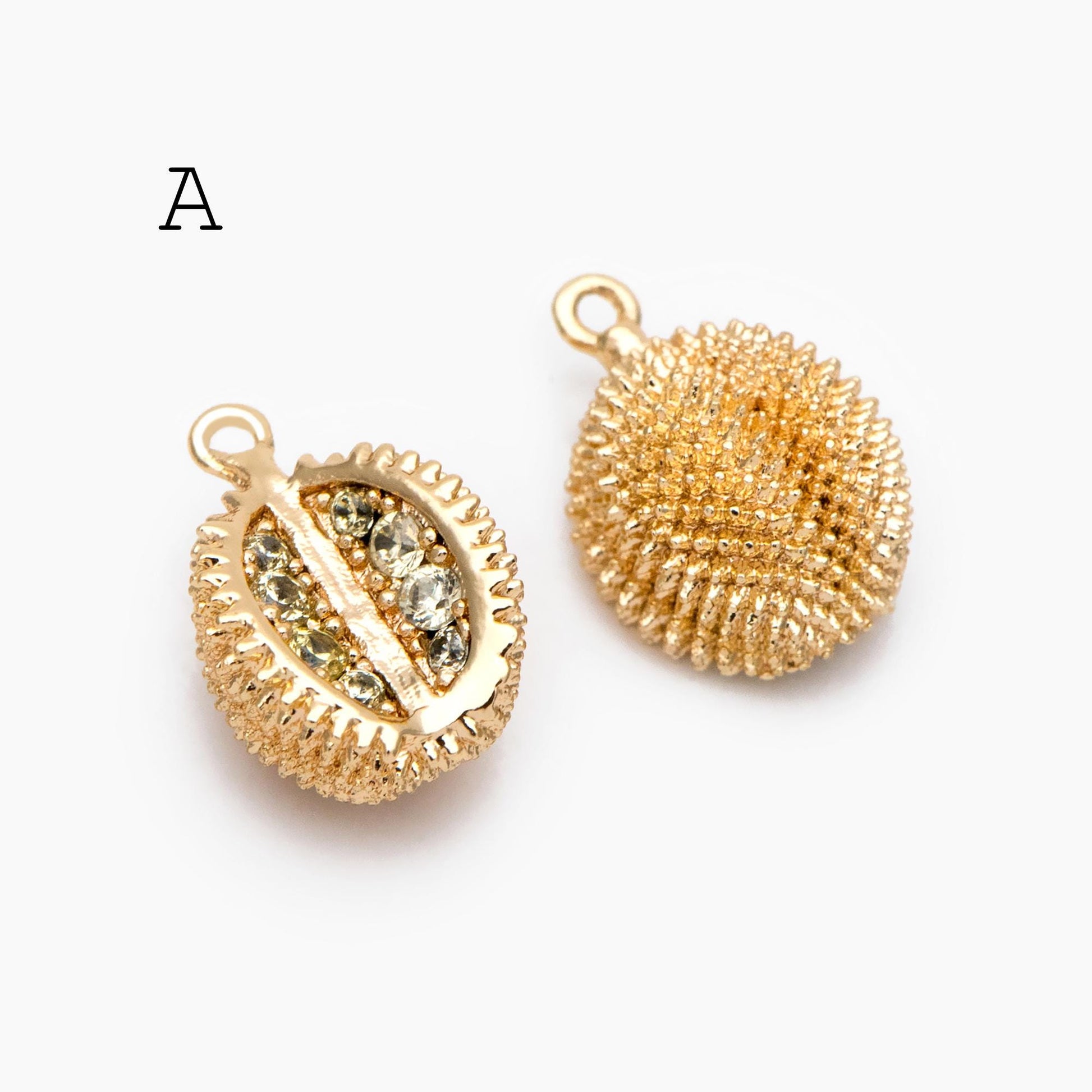 4pcs CZ pave Gold Durian/ Dragon Fruit/ Pomegranate Charms, Gold plated Brass, Dainty Fruit Charms (GB-4355)