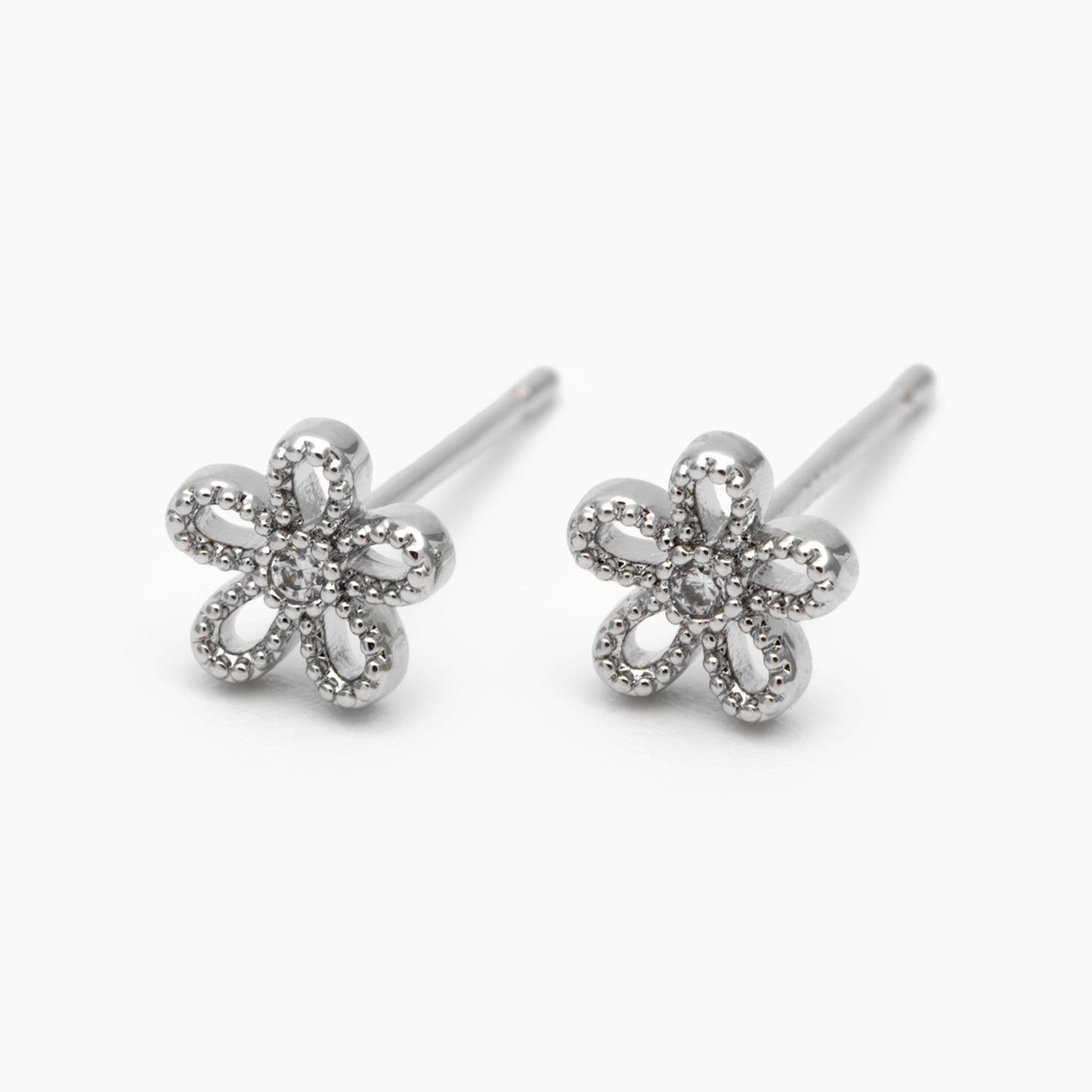 10pcs CZ Pave Gold/ Silver Flower Ear Posts 6mm, Gold/ Rhodium Plated Brass Stud Earrings, DIY Ear Findings (GB-3381)