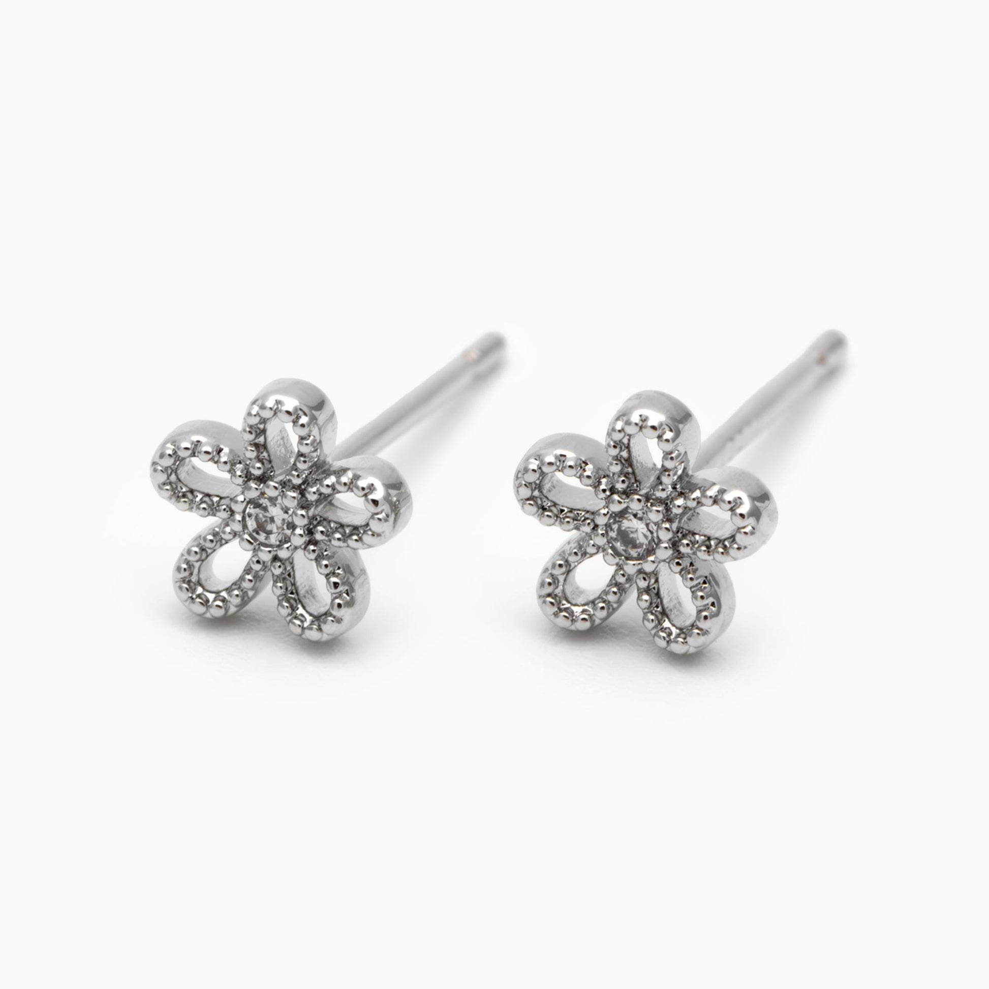 10pcs CZ Pave Gold/ Silver Flower Ear Posts 6mm, Gold/ Rhodium Plated Brass Stud Earrings, DIY Ear Findings (GB-3381)