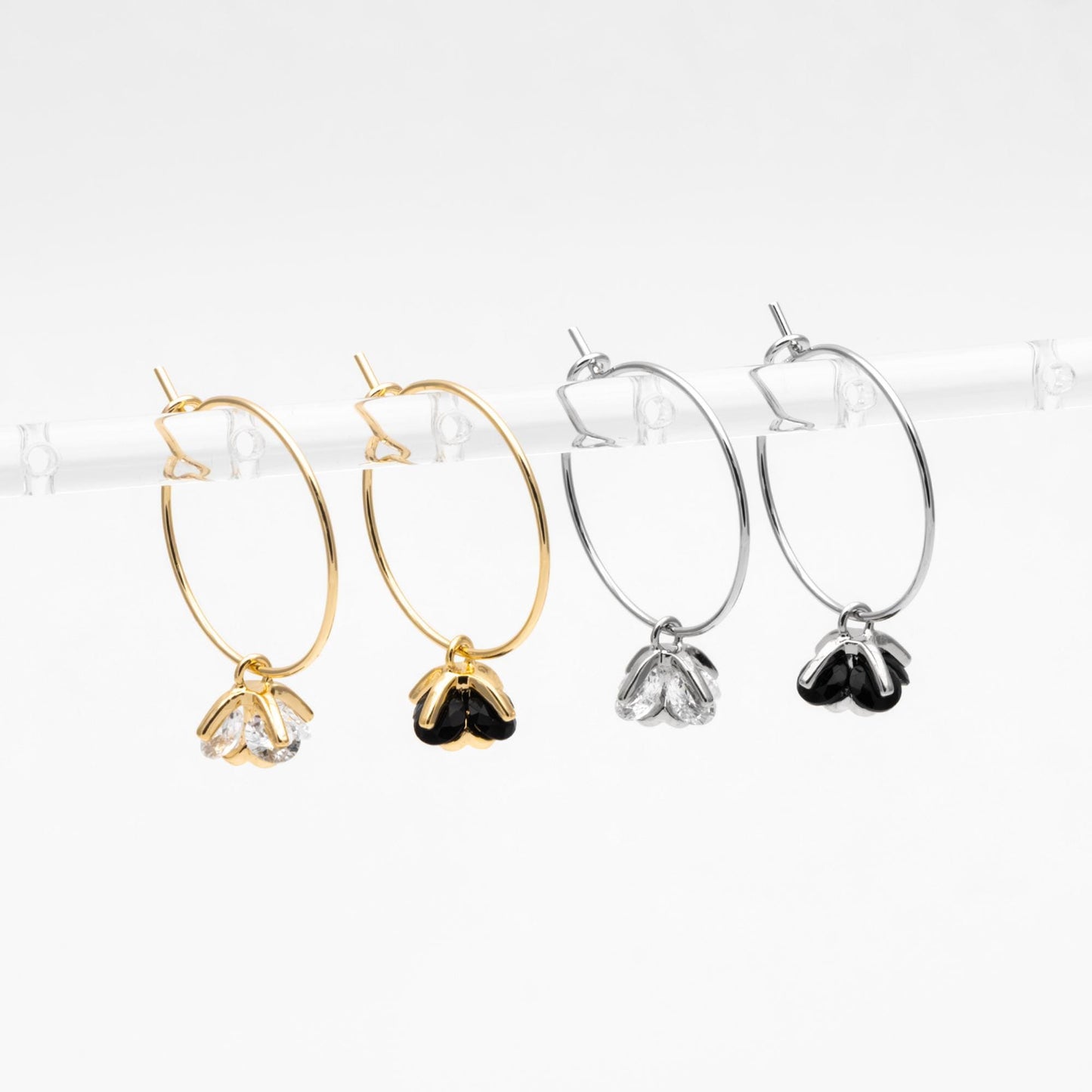 10pcs CZ Pave Flower Charms 8mm, Gold/ Silver tone Floral Pendants, Clear/ Black Cubic Zirconia (GB-343)