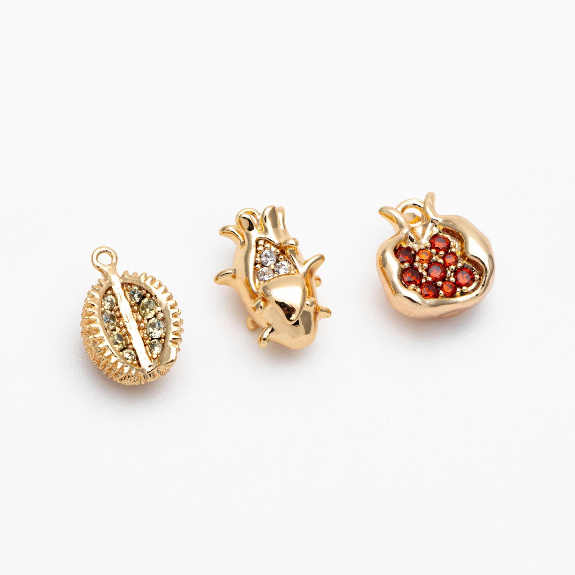 4pcs CZ pave Gold Durian/ Dragon Fruit/ Pomegranate Charms, Gold plated Brass, Dainty Fruit Charms (GB-4355)