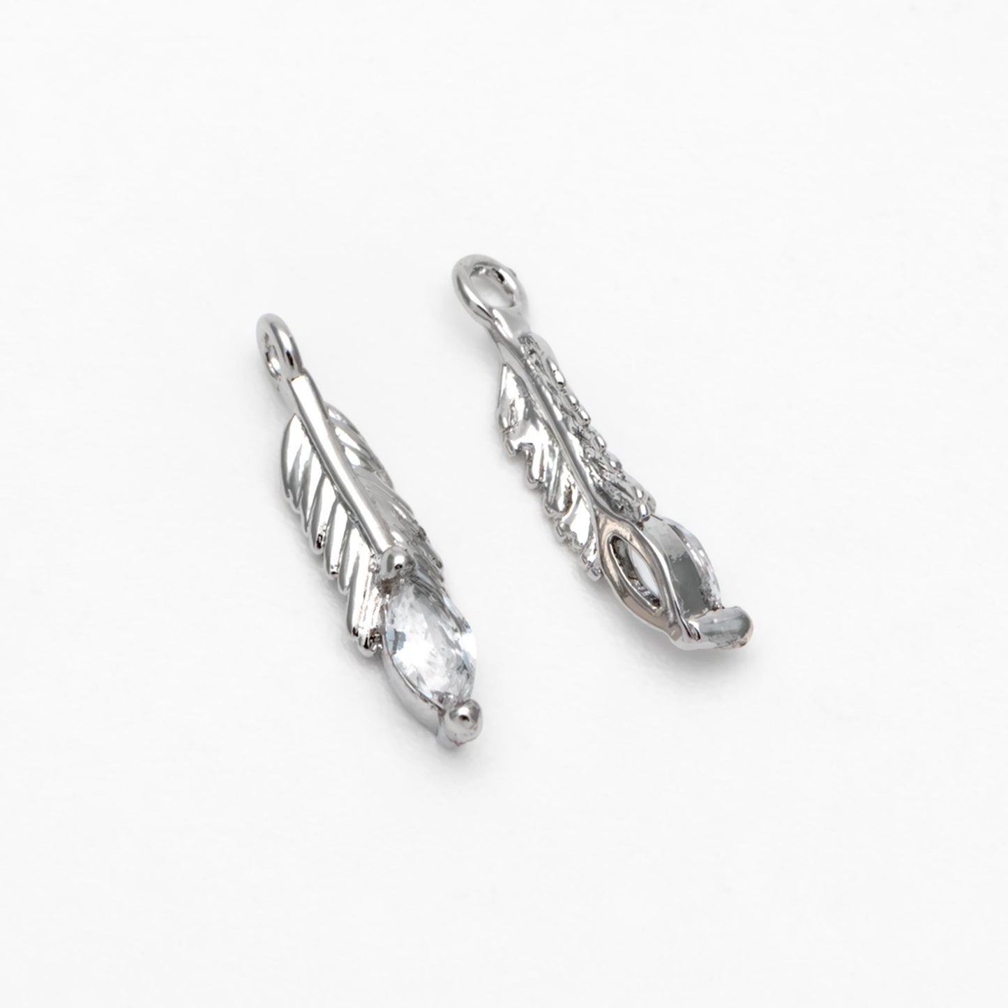 4pcs CZ pave Tiny Feather Charms, 18K Gold/ Rhodium plated Brass Leaf Pendants 12x3mm (GB-383-A)