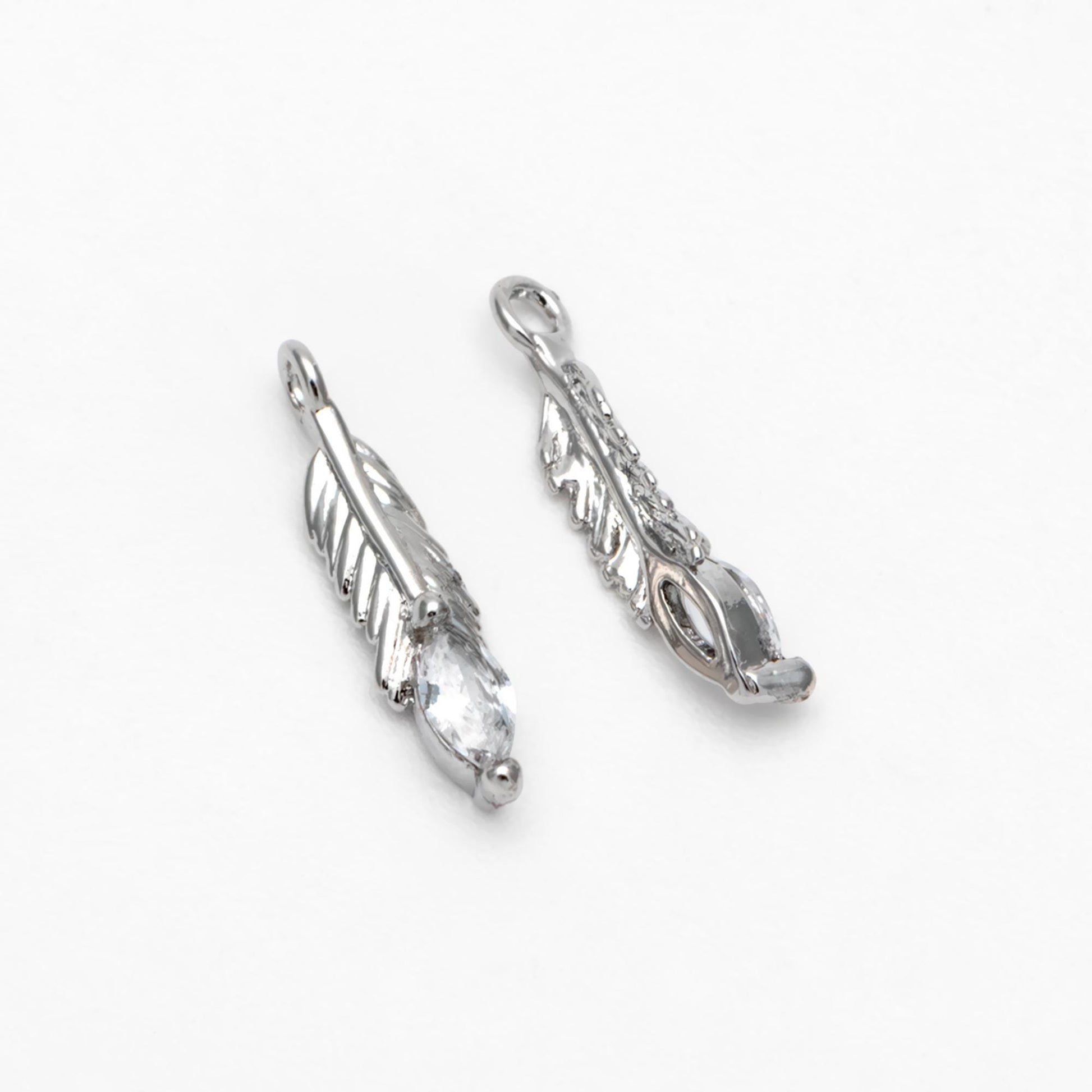 4pcs CZ pave Tiny Feather Charms, 18K Gold/ Rhodium plated Brass Leaf Pendants 12x3mm (GB-383-A)