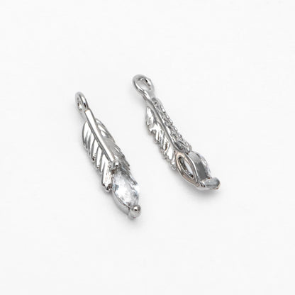 4pcs CZ pave Tiny Feather Charms, 18K Gold/ Rhodium plated Brass Leaf Pendants 12x3mm (GB-383-A)