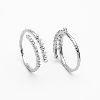 4pcs CZ Pave Finger Ring, Faux Pearl Ring, Gold/ Rhodium plated Brass, Gift for Her, Dainty Ring, Adjustable Ring (#GB-4655)