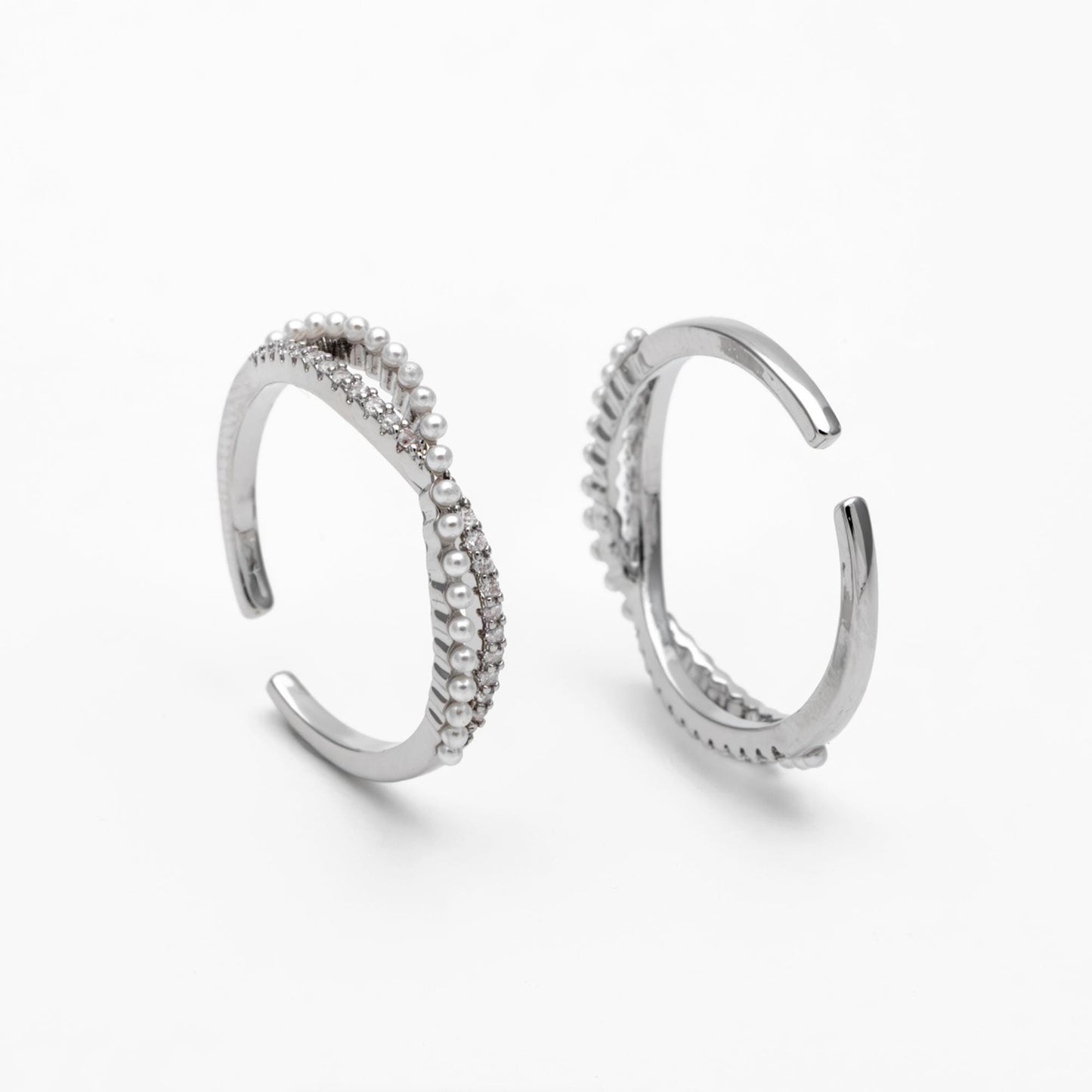 4pcs CZ Pave Finger Ring, Faux Pearl Ring, Gold/ Rhodium plated Brass, Gift for Her, Dainty Ring, Adjustable Ring (#GB-4657)