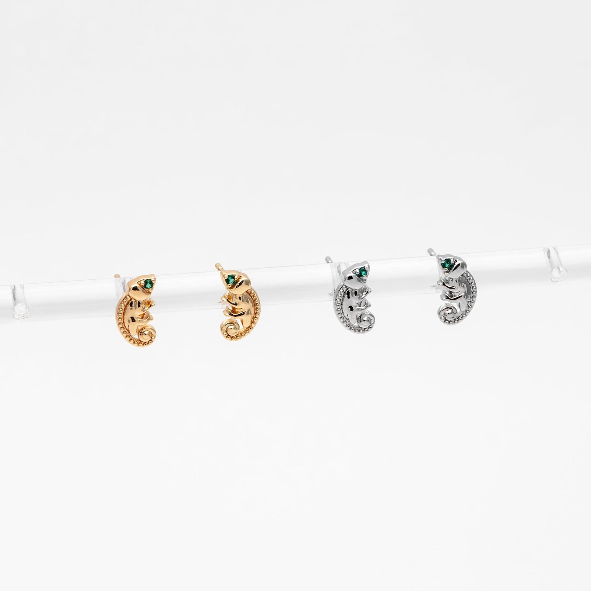 10pcs CZ Pave Gold/ Silver Tone Chameleon Earrings, 18K Real Gold/ Rhodium plated Brass, Lizard Stud Earrings (GB-4658)