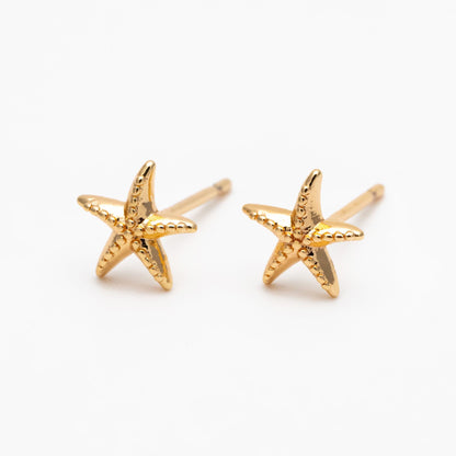 10pcs Gold/ Silver Starfish Ear Post, Real Gold/ Rhodium Plated Brass Star Stud Earrings (#GB-4662)