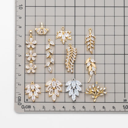 4pcs CZ pave Gold/ Silver Tone Leaf Charms, Leaf Pendants, Earring Findings, Jewelry Making, Jewelry Supplies (GB-3037)