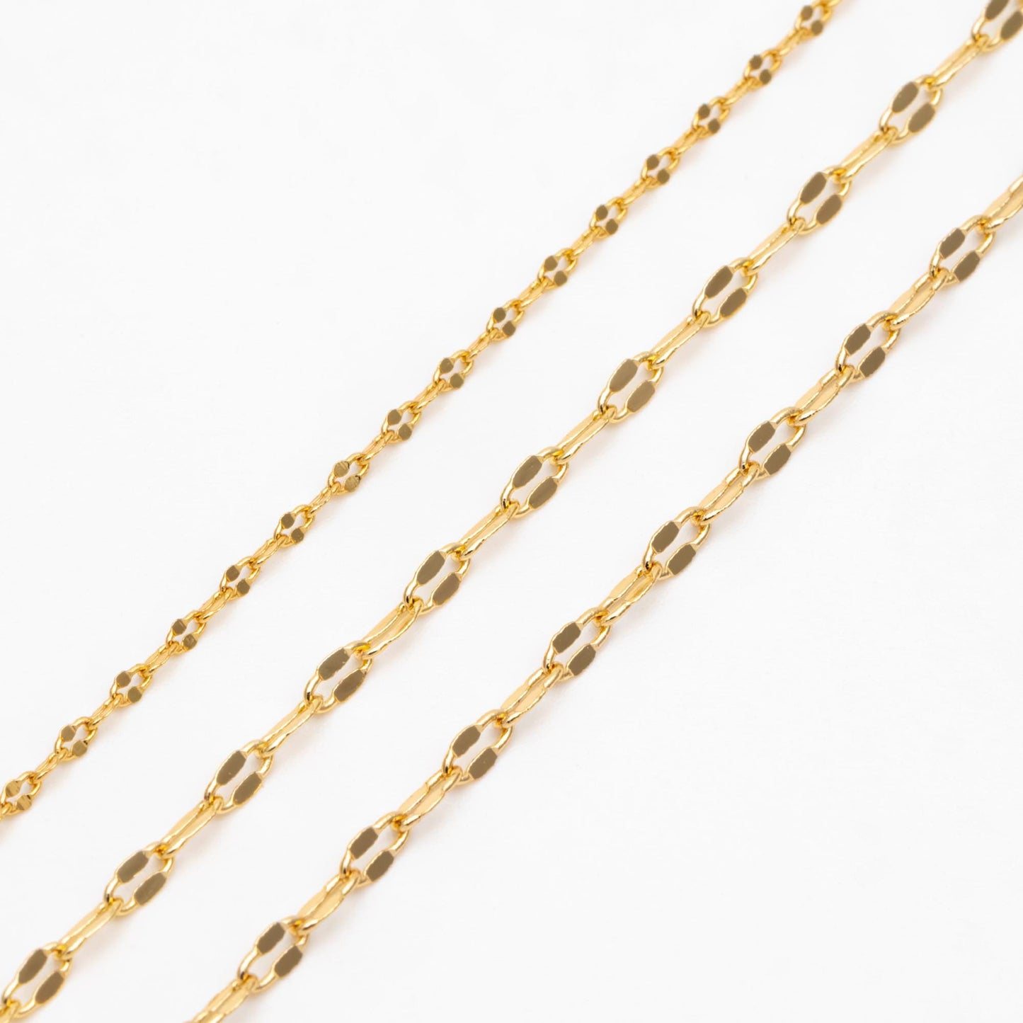 Gold Flat Cable Chains 1.6/ 2.1/ 2.3mm, 18K Gold plated Brass, Dainty Oval Linked Chains (#LK-163)/ 1 Meter=3.3 ft