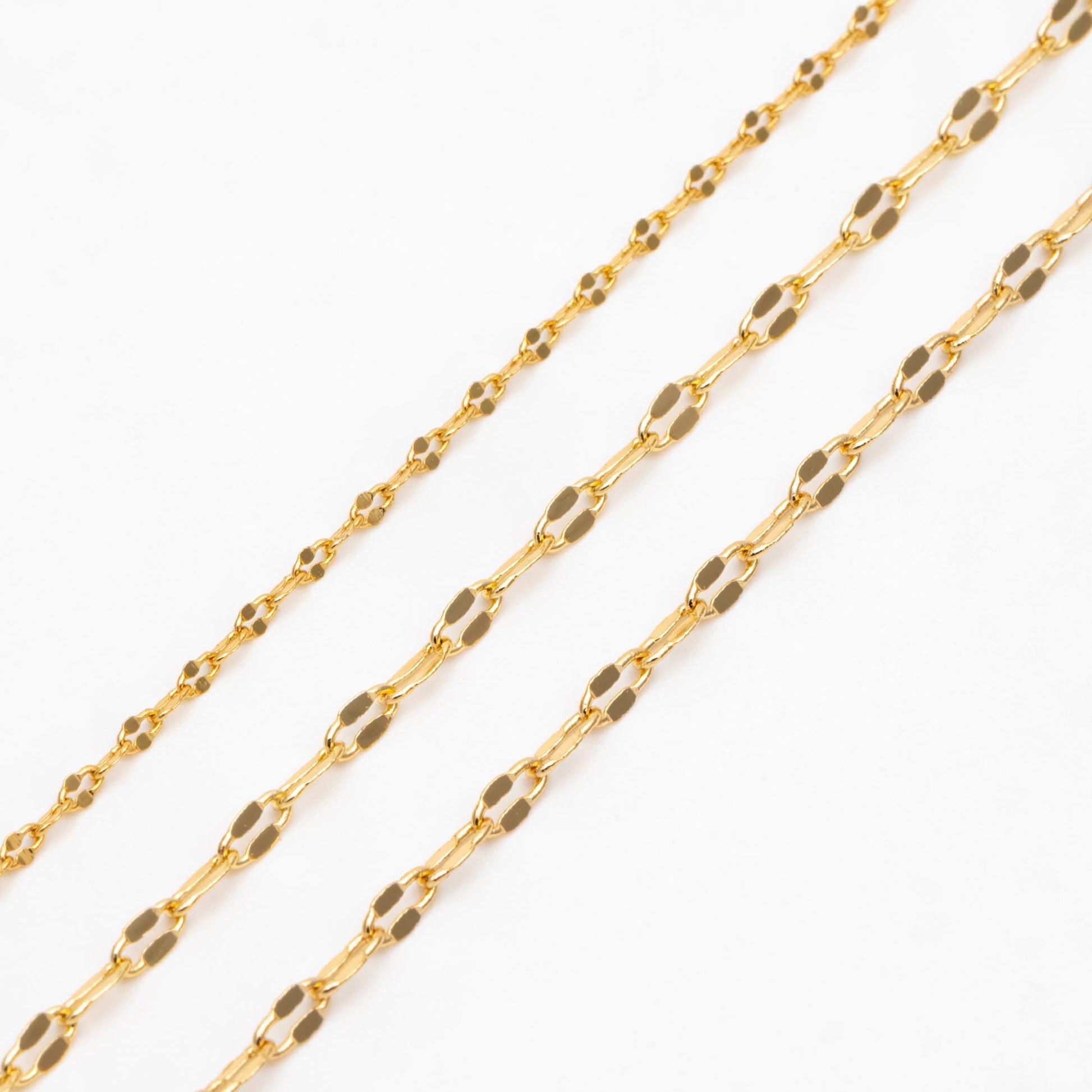 Gold Flat Cable Chains 1.6/ 2.1/ 2.3mm, 18K Gold plated Brass, Dainty Oval Linked Chains (#LK-163)/ 1 Meter=3.3 ft