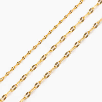 Gold Flat Cable Chains 1.6/ 2.1/ 2.3mm, 18K Gold plated Brass, Dainty Oval Linked Chains (#LK-163)/ 1 Meter=3.3 ft