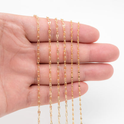 Gold Flat Cable Chains 1.6/ 2.1/ 2.3mm, 18K Gold plated Brass, Dainty Oval Linked Chains (#LK-163)/ 1 Meter=3.3 ft