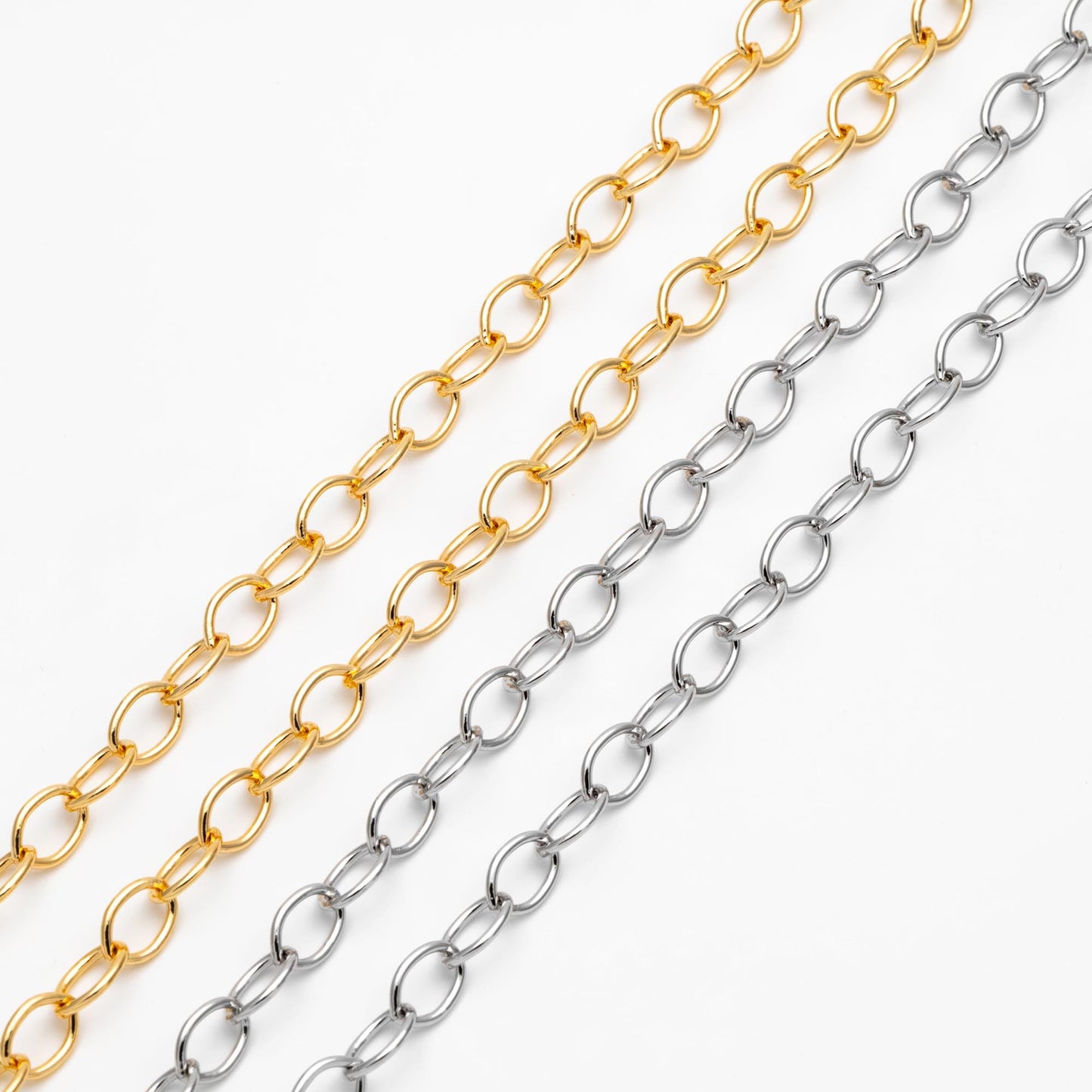 Gold/ Rhodium plated Brass Oval Chains, Link Size 6.3x9mm, Cable Chain Findings Wholesale (#LK-331)/ 1 Meter=3.3 ft