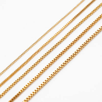 Gold plated Brass Box Chains, 0.7/ 0.8/ 0.9/ 1mm Thin, Color Not Easily Tarnish (#LK-166)/ 1 Meter=3.3 ft