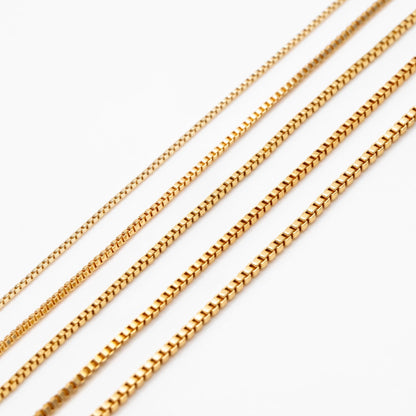 Gold plated Brass Box Chains, 0.7/ 0.8/ 0.9/ 1mm Thin, Color Not Easily Tarnish (#LK-166)/ 1 Meter=3.3 ft