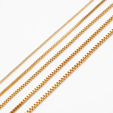 Gold plated Brass Box Chains, 0.7/ 0.8/ 0.9/ 1mm Thin, Color Not Easily Tarnish (#LK-166)/ 1 Meter=3.3 ft