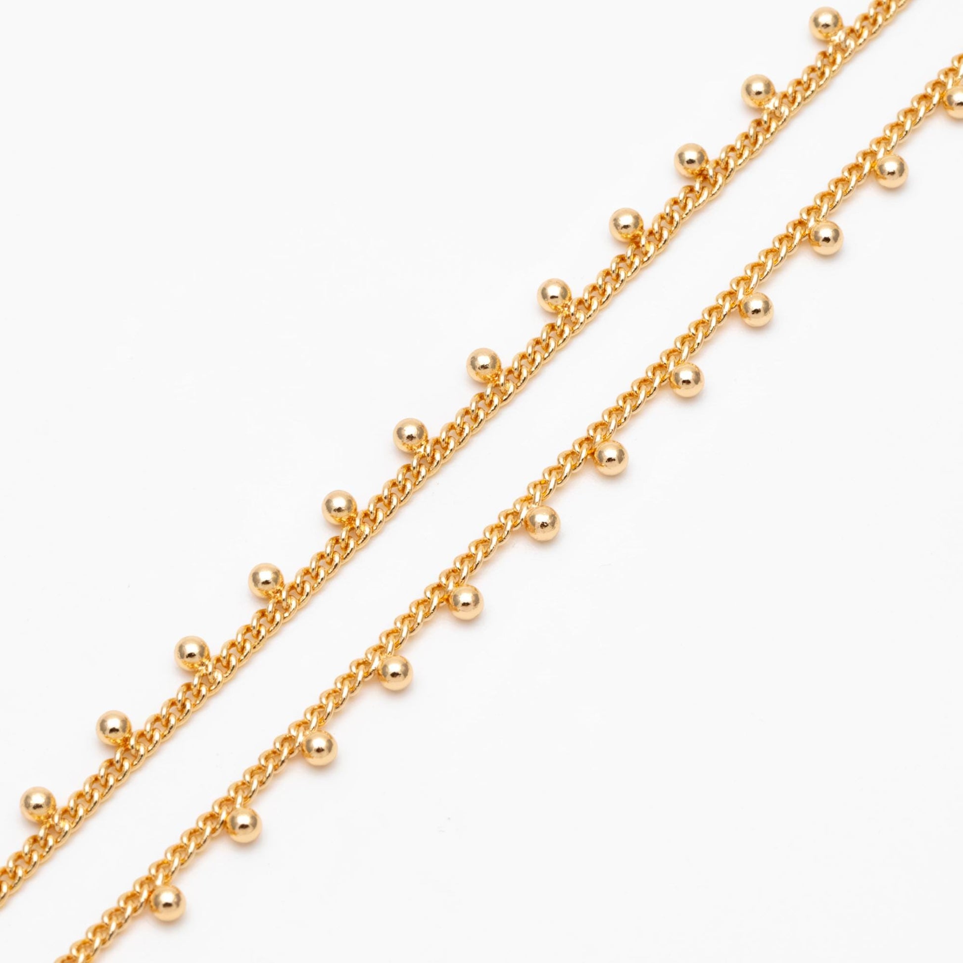 Gold/ Silver Curb Chain with Ball Charms, 18K Gold/ Rhodium plated Brass, Quality Chain for DIY Necklace Wholesale (#LK-253)/ 1 Meter=3.3ft