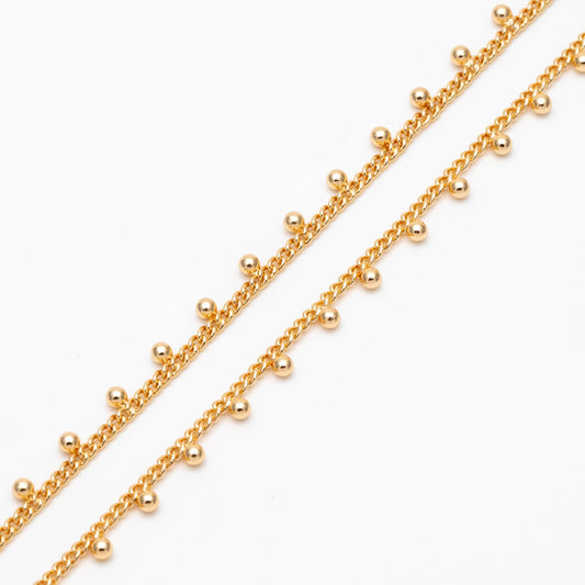 Gold/ Silver Curb Chain with Ball Charms, 18K Gold/ Rhodium plated Brass, Quality Chain for DIY Necklace Wholesale (#LK-253)/ 1 Meter=3.3ft