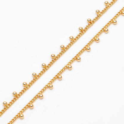 Gold/ Silver Curb Chain with Ball Charms, 18K Gold/ Rhodium plated Brass, Quality Chain for DIY Necklace Wholesale (#LK-253)/ 1 Meter=3.3ft