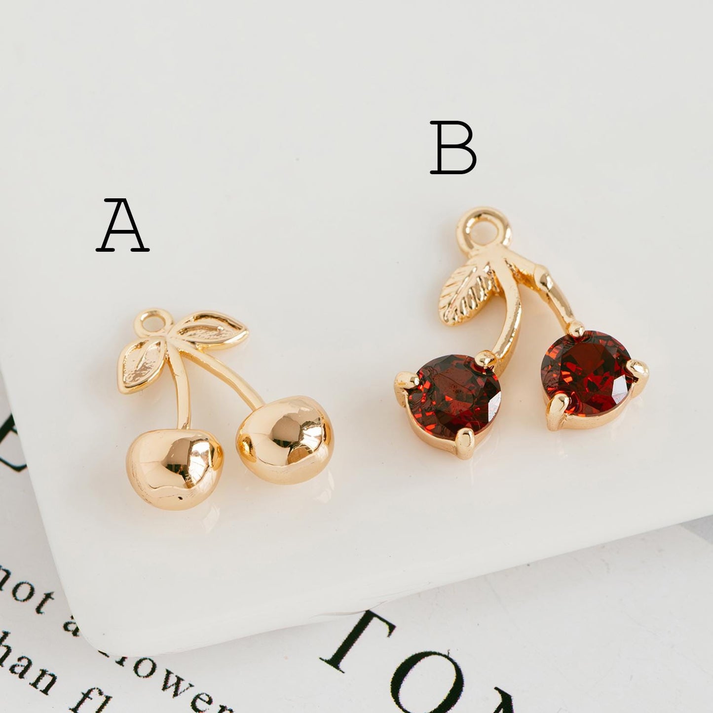4pcs Gold Cherry Charms, Real Gold plated Brass, Cute Earring Charms (GB-2612)