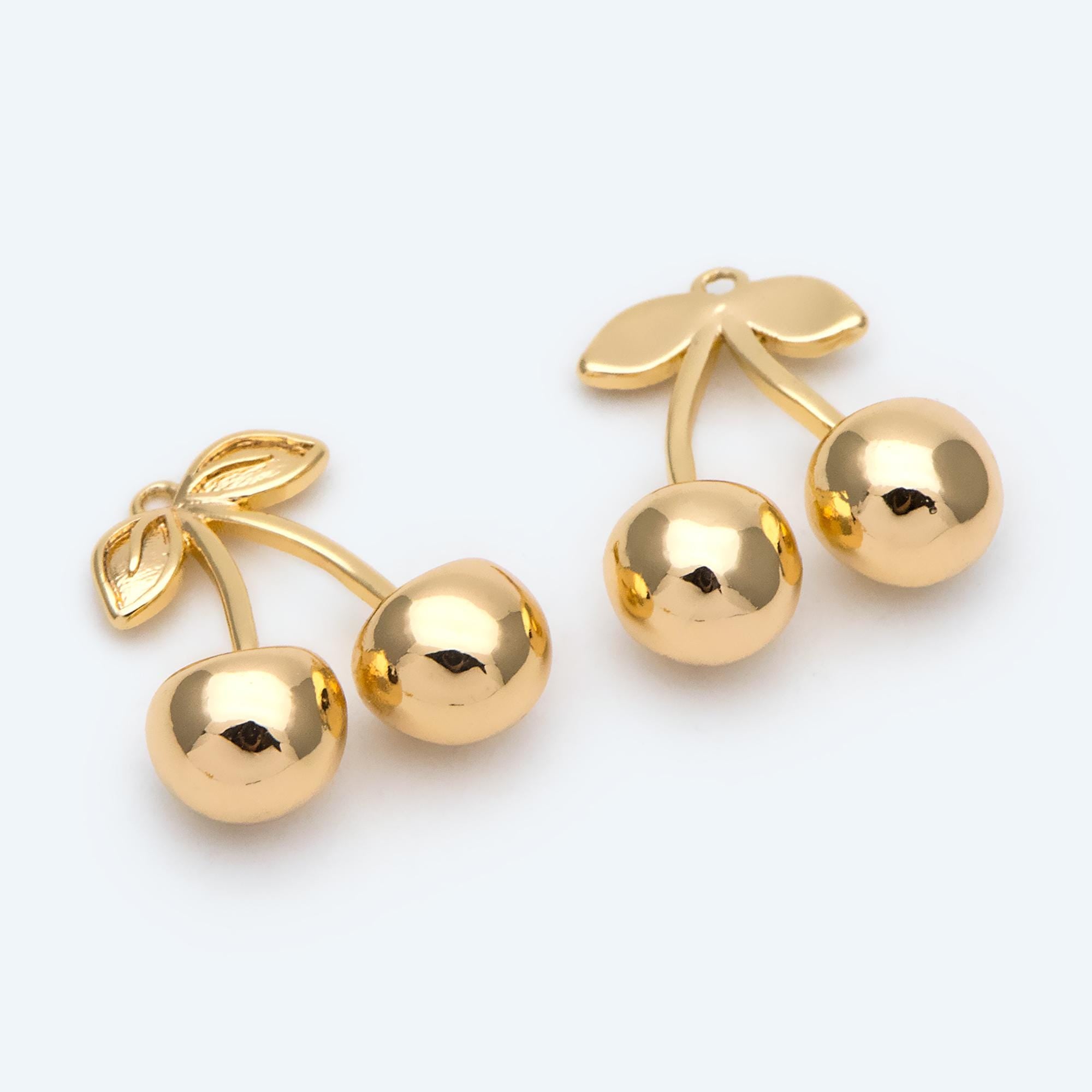 4pcs Gold Cherry Charms, Real Gold plated Brass, Cute Earring Charms (GB-2612)