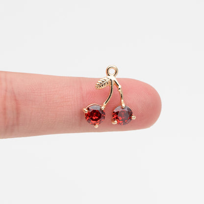 4pcs Gold Cherry Charms, Real Gold plated Brass, Cute Earring Charms (GB-2612)