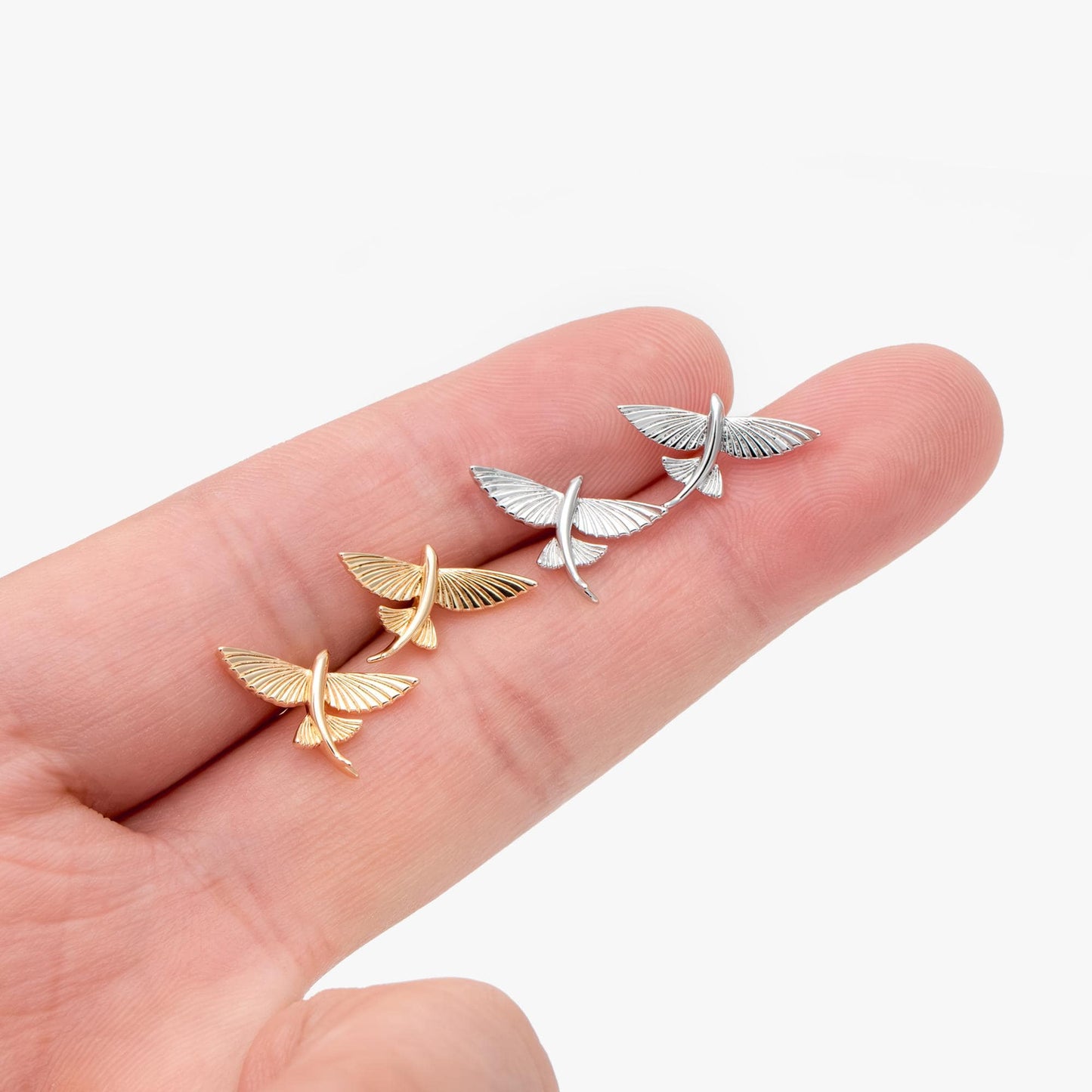 10pcs Gold/ Silver Tone Flying Fish Earrings, 18K Real Gold/ Rhodium Plated Brass, Minimalist Ocean Stud Earrings (GB-4647)