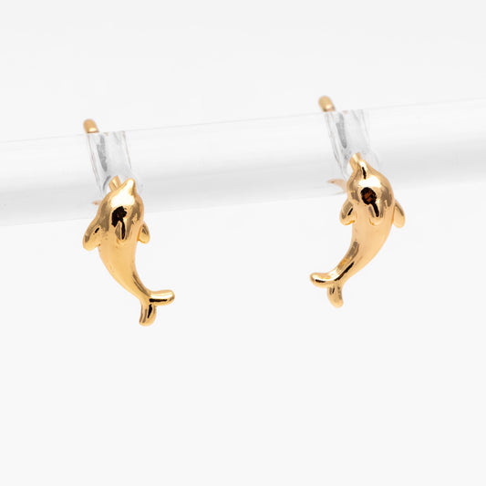 10pcs Gold/ Silver Tone Dolphin Earrings, 18K Real Gold/ Rhodium plated Brass, Cute Ocean Stud Earrings (GB-4650)
