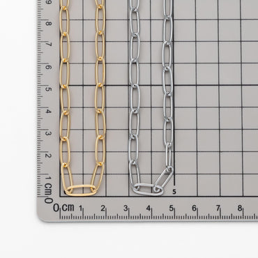 Gold/ Silver Tone Chains, Gold/ Rhodium plated Brass, Long Oval Link 5x14mm, Color Not Easily Tarnish (#LK-317)/ 1 Meter=3.3 ft