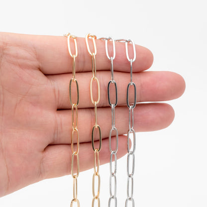 Gold/ Silver Tone Chains, Gold/ Rhodium plated Brass, Long Oval Link 5x14mm, Color Not Easily Tarnish (#LK-317)/ 1 Meter=3.3 ft