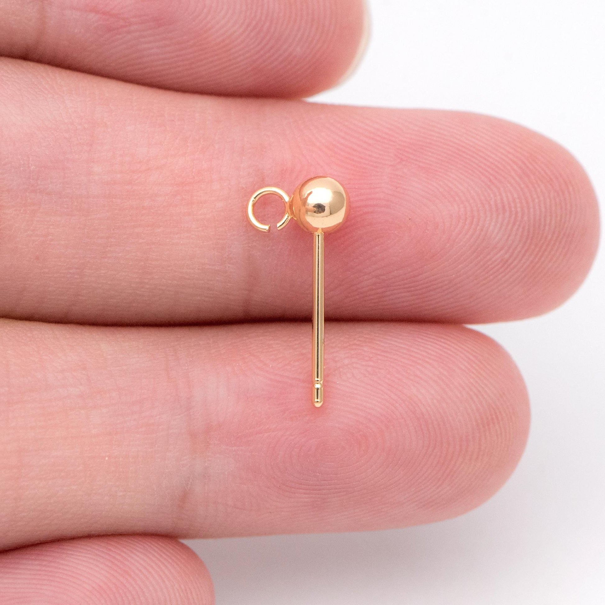 20pcs Gold/ Rhodium plated Brass Stud Earring, Ball Ear Posts with Open Ring/ Loop, 4mm Ball Size (GB-1501)