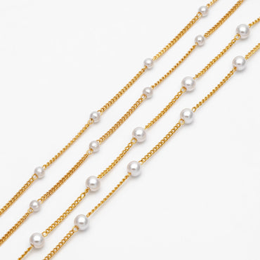 Gold Faux Pearl Beaded Chain, 18K Gold plated Brass Chain with Faux Pearl 3 / 4mm (LK-159) / 1 meter= 3.3ft