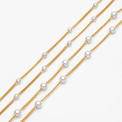 Gold Faux Pearl Beaded Chain, 18K Gold plated Brass Chain with Faux Pearl 3 / 4mm (LK-159) / 1 meter= 3.3ft