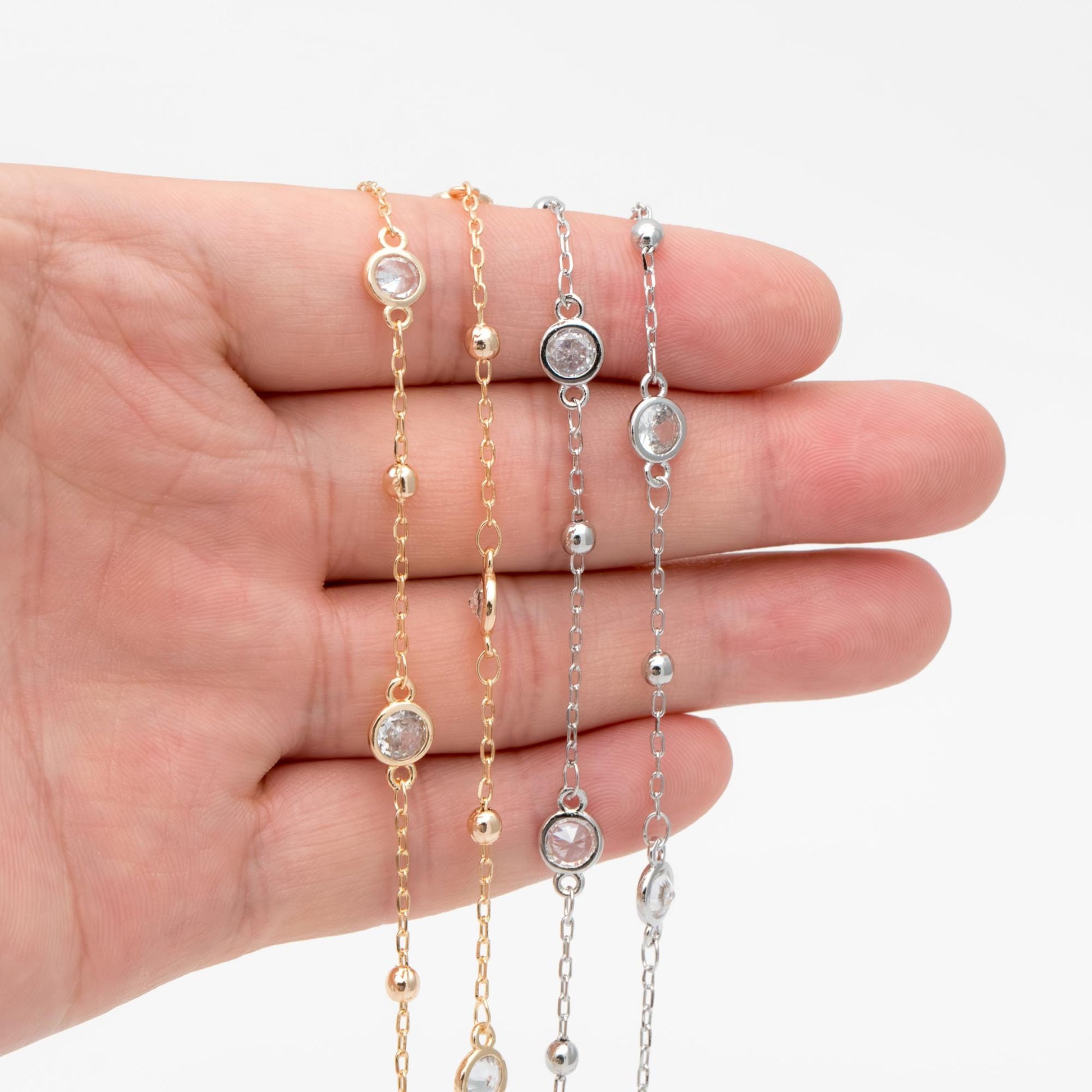 Gold/ Silver Tone Beaded Chains, 6mm Round Coin CZ Links, Gold/ Rhodium plated Brass, Lead Nickel Free (#LK-338)/ 1 Meter=3.3 ft