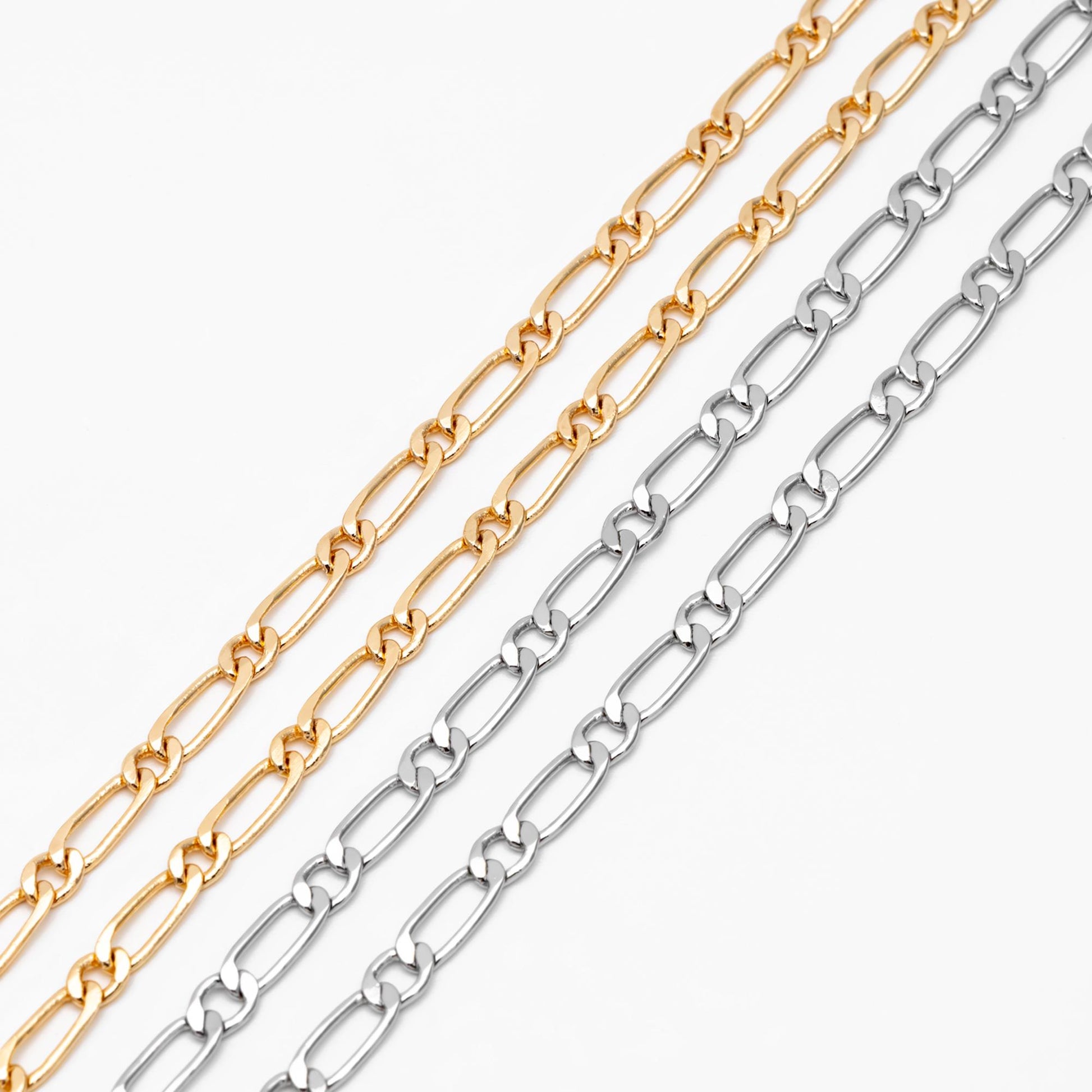Gold/ Rhodium plated Brass Oval Cable Chains, Figaro Chain Supplies Wholesale (#LK-384)/ 1 Meter=3.3 ft