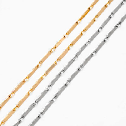 Gold/ Silver Tone Rectangle Bar Chains, 18K Gold/ Rhodium Plated Brass, Dainty Necklace Findings (#LK-440)/ 1 Meter=3.3 ft